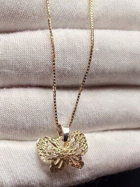 14K Two Tone Gold Butterfly Pendant With 0.8mm Box Chain - 16 inch